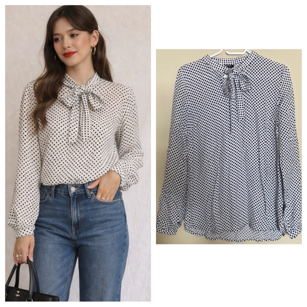 White Black Polka Dot Tie Neck Blouse S Office Chic Parisian
